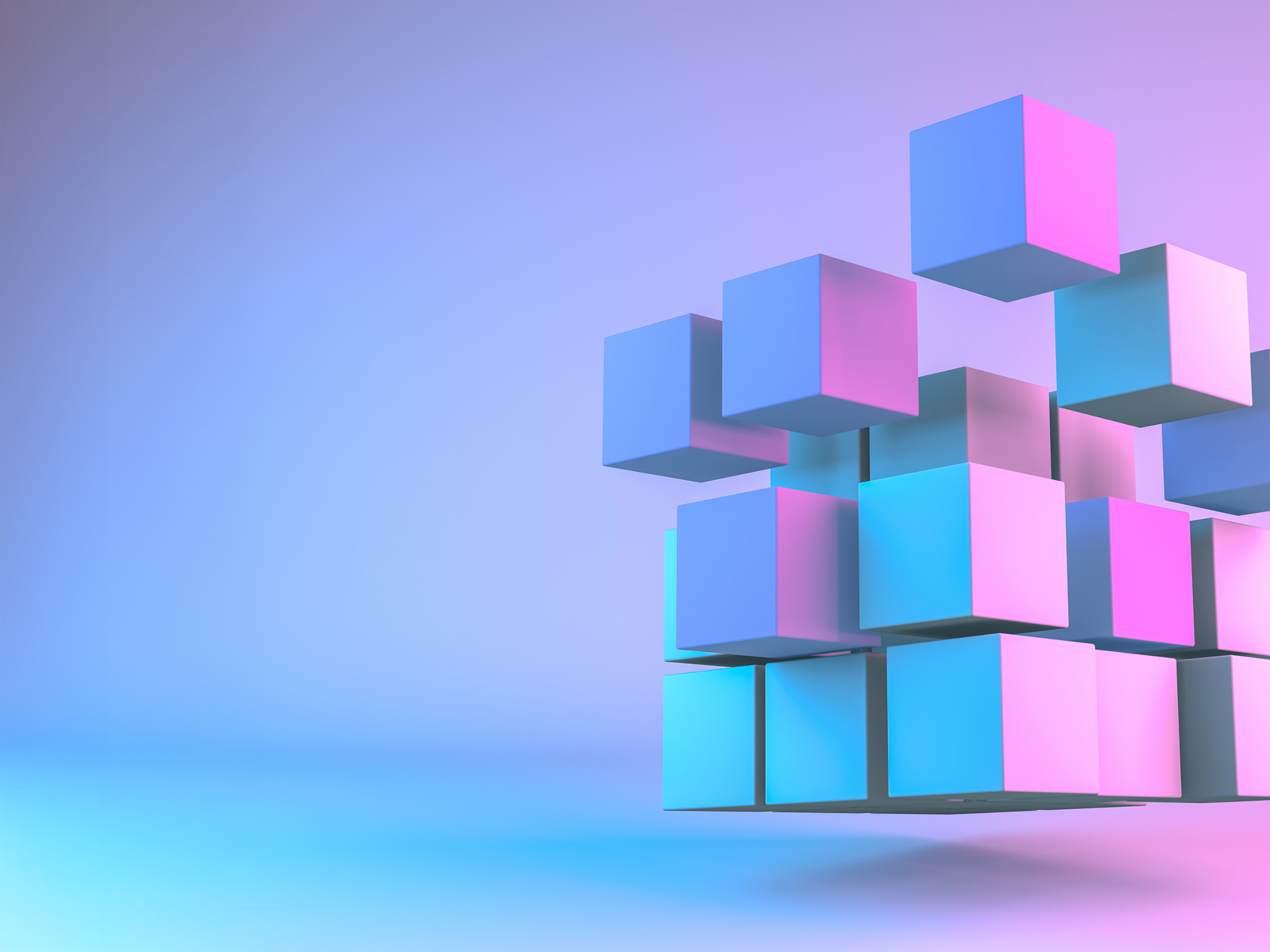 3D Rendering Cube Blocks, in a row, education, architecture, neon lights